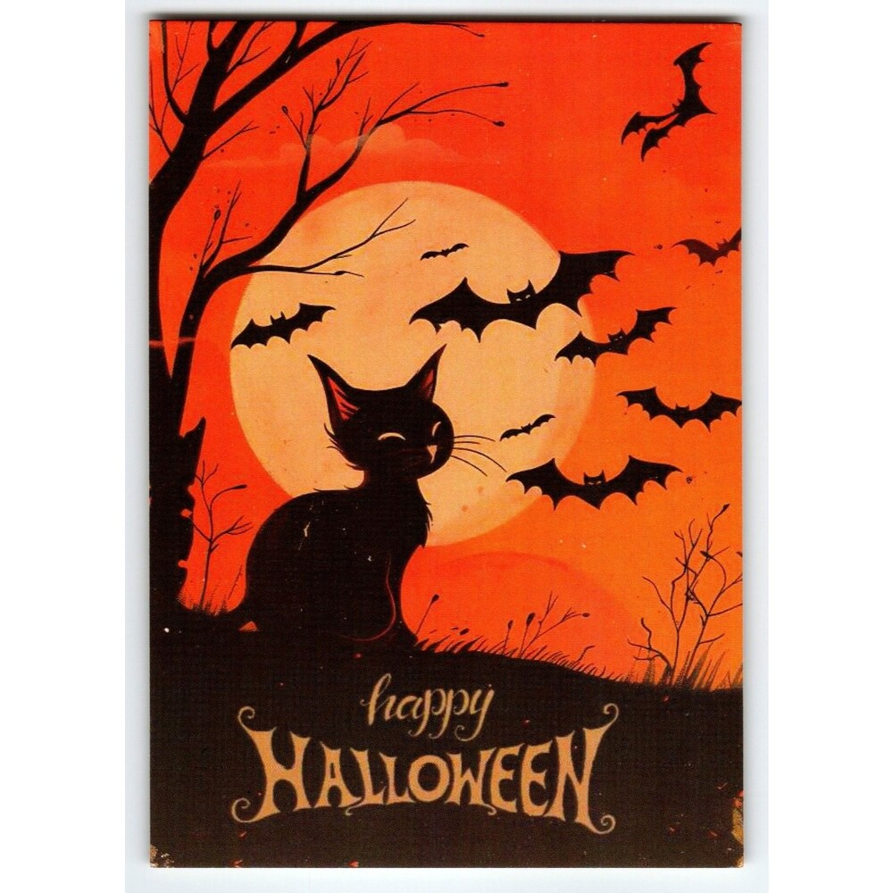 Vintage Halloween Postcard Black Cat & Bats Full Moon Lithograph